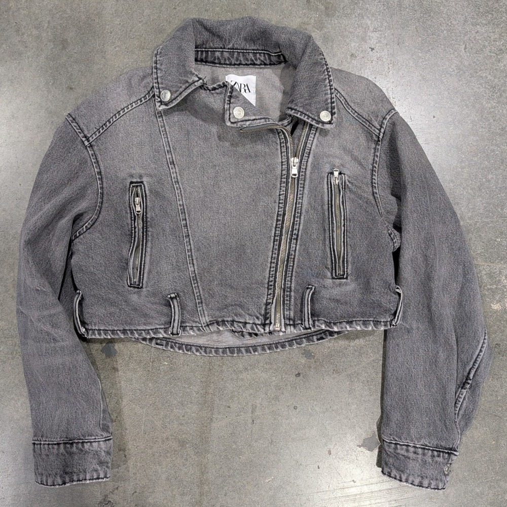 Zara Jacket Large Grey Black Faded Denim Asymmetric Zip Crop Pockets Moto Biker